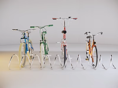 Colorful Bicycles Parked on White Wavy Bike Racks in White Background 3d model