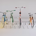 Colorful Bicycles Parked on White Wavy Bike Racks in White Background