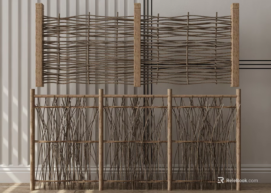 Natural Wooden Woven Fence Design With Vertical Sticks For Garden Decoration 3d model 