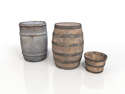 Vintage Wooden Barrels In Different Sizes For Home Storage Use 3d model