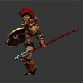 Orange Armored Fantasy Warrior Character With Red Helmet Decorative Shield And Blue Spear