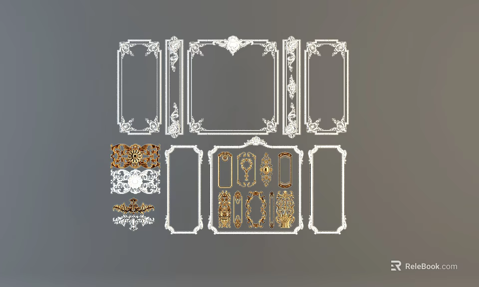 Carved Patterns Decorative Frames in White and Gold with Various Shapes 3d model 