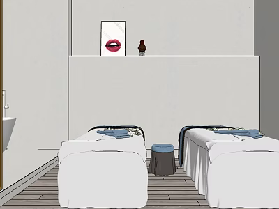 SPA Sauna Room With Two Treatment Beds Wooden Floor And Decorative Wall Art 3d model