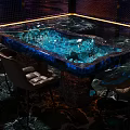 Unique Table and Chairs Set with Blue Ice-like Transparent Tabletop Lighting and Brown Leather Chairs