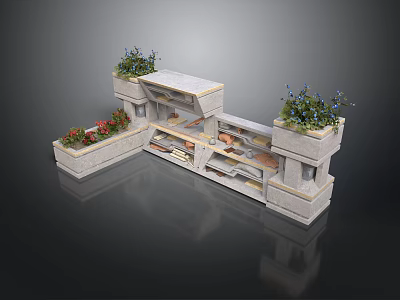 Outdoor Landscape Structure With Stone Planters Colorful Plants And Concrete Steps 3d model