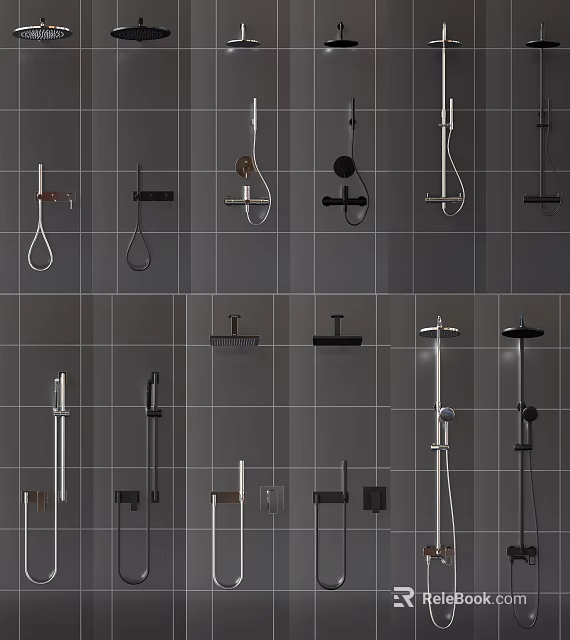 Modern Shower Head Designs In Various Sleek Styles On Bathroom Wall 3d model