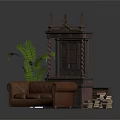 Classic Brown Sofa With Ornate Wooden Decorative Furniture Green Plant And Stacked Books
