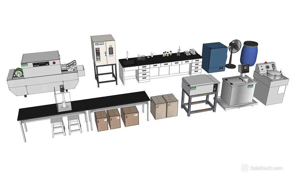 Industrial Equipment Setup With Workbenches Machines Cabinets And Storage Units 3d model 