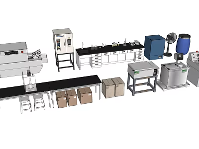 Industrial Equipment Setup With Workbenches Machines Cabinets And Storage Units 3d model
