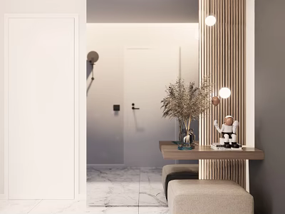 Modern Entryway Hallway Design With Marble Floor Wooden Console Table Dried Flowers Wall Lights And Bench 3d model