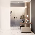 Modern Entryway Hallway Design With Marble Floor Wooden Console Table Dried Flowers Wall Lights And Bench