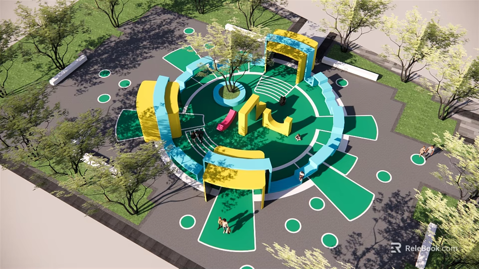 Children's Playground With Circular Green Floor Yellow Blue Play Structures And Trees 3d model 