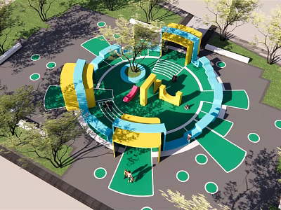 Children's Playground With Circular Green Floor Yellow Blue Play Structures And Trees 3d model