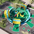 Children's Playground With Circular Green Floor Yellow Blue Play Structures And Trees