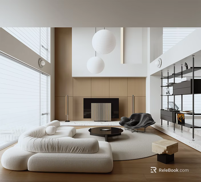 Modern Duplex Living Room Interior Design With White Sofa Fireplace Pendant Lights And Large Windows 3d model 