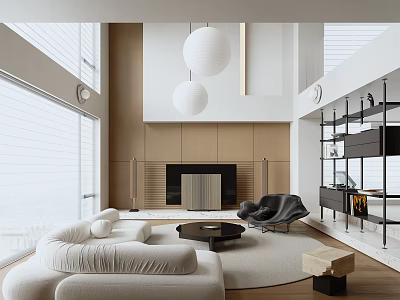 Modern Duplex Living Room Interior Design With White Sofa Fireplace Pendant Lights And Large Windows 3d model