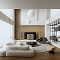 Modern Duplex Living Room Interior Design With White Sofa Fireplace Pendant Lights And Large Windows