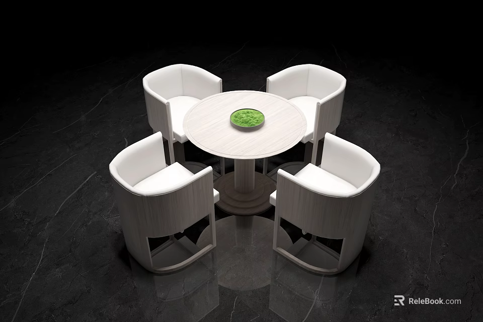Modern Round White Table With Four White Chairs And Green Plate On Marble Floor 3d model 