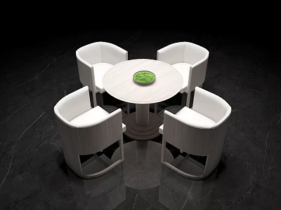 Modern Round White Table With Four White Chairs And Green Plate On Marble Floor 3d model