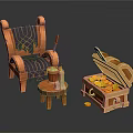 Open Treasure Chest Filled With Gold Coins Near Wooden Chair And Small Stool
