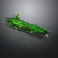 Green Sci Fi Spaceship Model Featuring Sharp Bow And Protruding Red Yellow Components 3d model