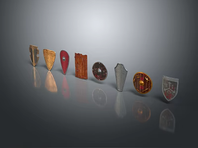 Decorative Shields in Different Shapes Arranged in a Row with Reflective Gray Background 3d model