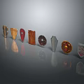 Decorative Shields in Different Shapes Arranged in a Row with Reflective Gray Background 3d model