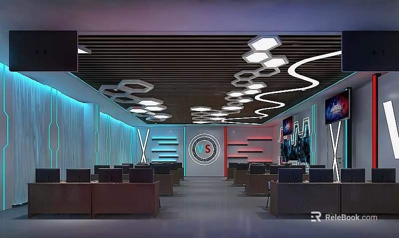 Modern Internet Cafe Interior Featuring Stylish Ceiling Lights And Gaming Computers 3d model 