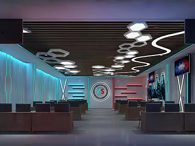 Modern Internet Cafe Interior Featuring Stylish Ceiling Lights And Gaming Computers 3d model