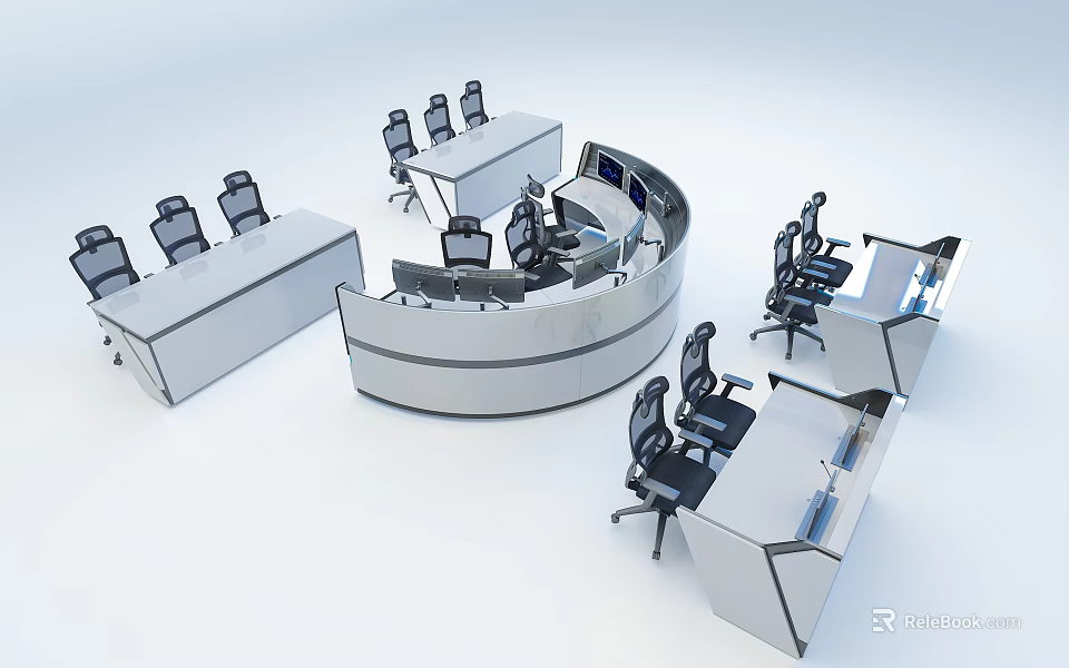 Modern Curved and Linear Functional Desks with Office Chairs in Workspace Setup 3d model 