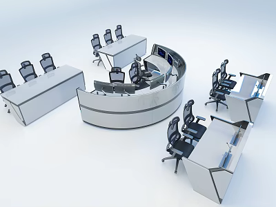 Modern Curved and Linear Functional Desks with Office Chairs in Workspace Setup 3d model