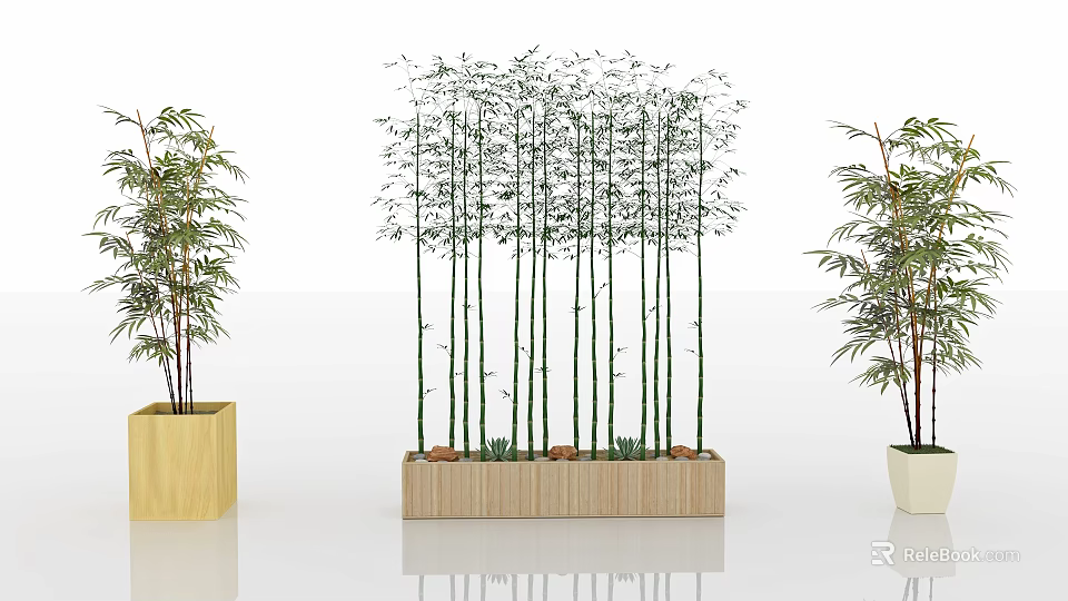 Tall Bamboo Stalks in Wooden Planter with Side Potted Bamboo Plants 3d model 