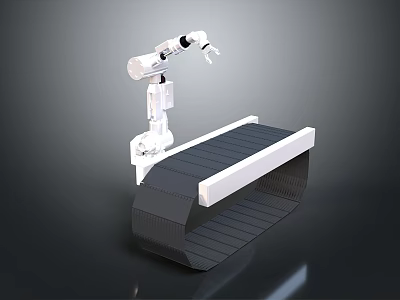 Game Movie Character With Robotic Arm And Conveyor Belt In Industrial Scene 3d model
