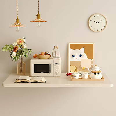 Home Living Essentials With Microwave Open Book Vase Flowers Cat Painting Teapot Cups 3d model