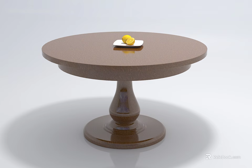 Round Brown Coffee Table With Unique Base And White Plate Two Lemons 3d model