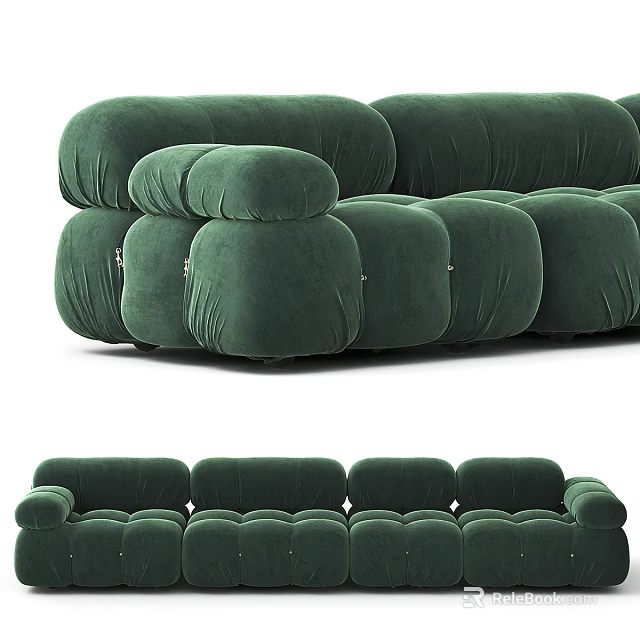 Green Velvet Sectional Sofa With Plush Cushions For Modern Living Room 3d model 