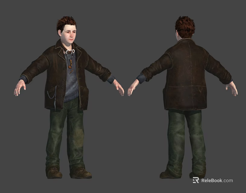 3D Male Character Design With Front And Back View In Brown Jacket And Green Pants 3d model 