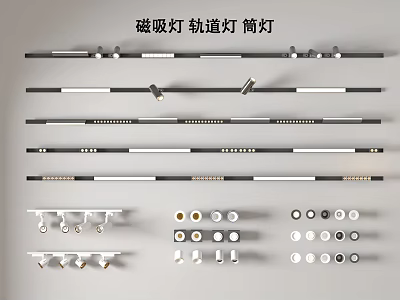Various Types Magnetic Track Downlights and Spotlights With Installation Components For Home Lighting 3d model