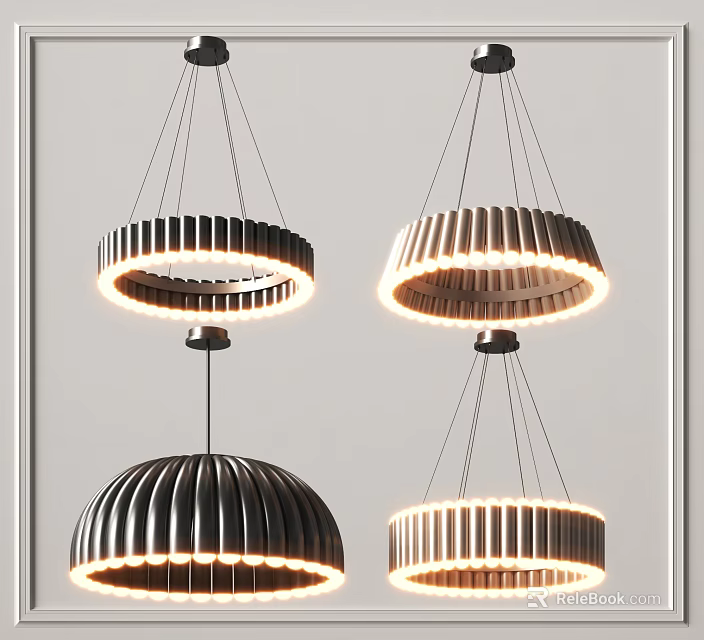Modern Pendant Lights with Circular Ribbed Wooden Design and Warm Ambient Lighting 3d model 