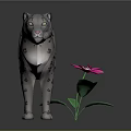 Spotted Snow Leopard Model With Pink Flower And Green Leaves On Dark Background