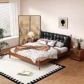 Double Bed With Black Leather Headboard Wooden Frame Patterned Bedding Nightstand Lamp And Decorative Screen