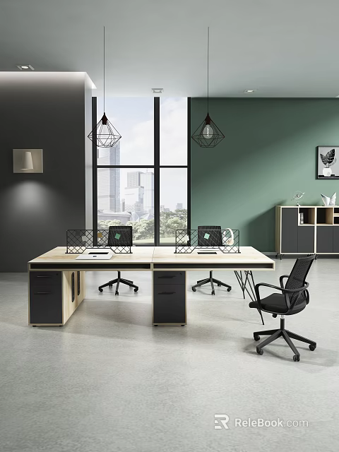Modern Office Interior With Green Walls Large Windows City View Desks Laptops Black Office Chairs 3d model 