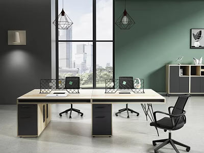 Modern Office Interior With Green Walls Large Windows City View Desks Laptops Black Office Chairs 3d model