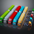 Colorful Model Trucks in Various Colors and Sizes Displayed on Reflective Surface 3d model