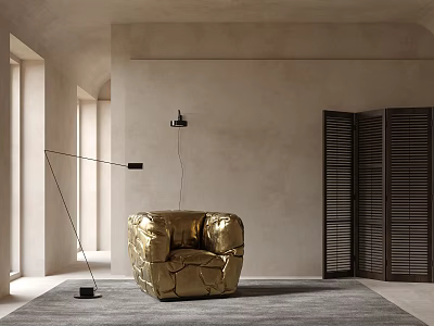 Golden Textured Armchair In Modern Minimalist Room With Light Walls Floor Lamp And Gray Rug 3d model