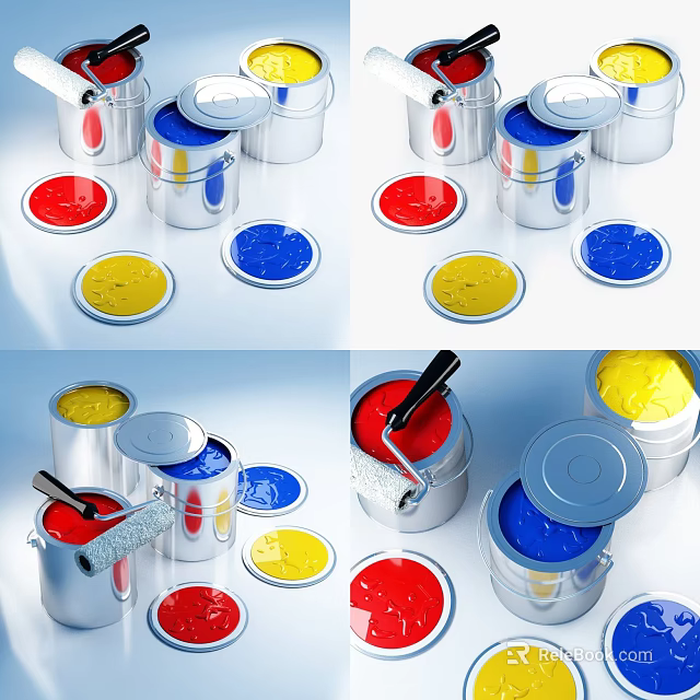 Colorful Paint Cans With Open Lids Red Yellow Blue Trays And Paint Roller 3d model 