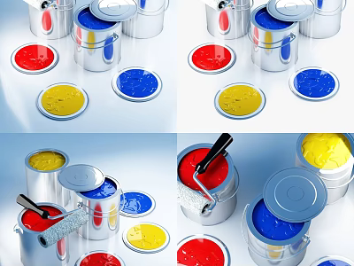 Colorful Paint Cans With Open Lids Red Yellow Blue Trays And Paint Roller 3d model