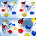 Colorful Paint Cans With Open Lids Red Yellow Blue Trays And Paint Roller