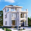 Classical Three Story Detached Villa Exterior With Balcony Large Windows And Green Trees