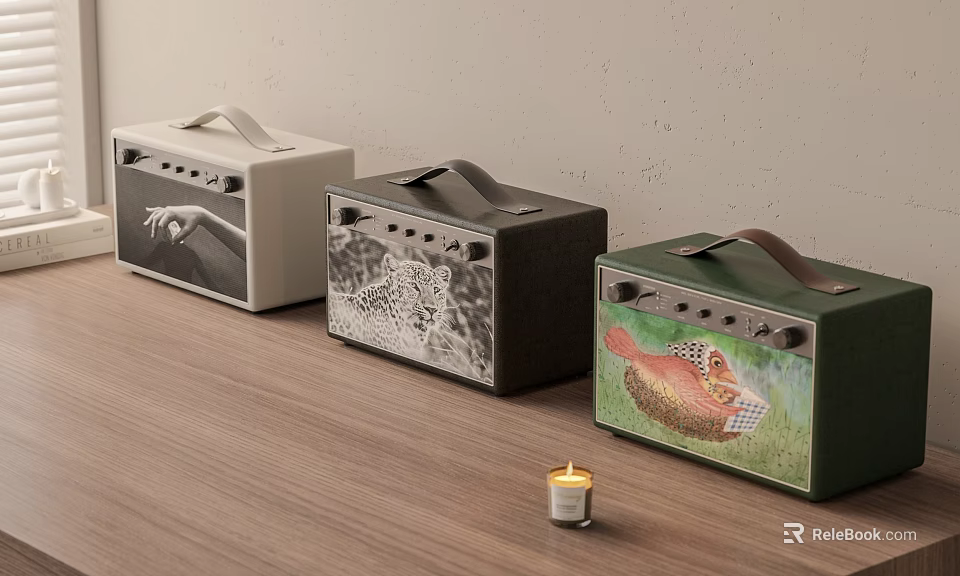 Three Stylish Portable Speakers With Unique Design Patterns On Wooden Table 3d model 